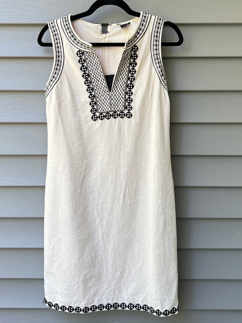 Ann Taylor Linen Blend Dress Tan Black Embroidered Women's Size 0 Minimalist